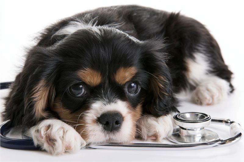 spaniel puppy laying beside a stethascope